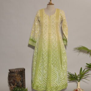 Lemon to Parrot Green Shaded Cotton Voil Anarkali with Gasspatti Phunda Cutwork