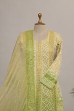 Lemon Ombre Shaded Cotton Kota Anarkali with Zardozi Golden Kasab Embroidery & Lace - Image 5