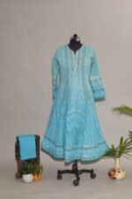 Electric Blue Shaded Cotton Voil Anarkali with Gasspatti Phunda & Golden Shimmer Border