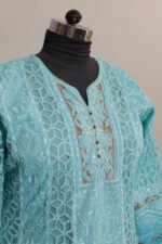 Electric Blue Shaded Cotton Voil Anarkali with Gasspatti Phunda & Golden Shimmer Border - Image 2