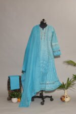 Electric Blue Shaded Cotton Voil Anarkali with Gasspatti Phunda & Golden Shimmer Border - Image 3