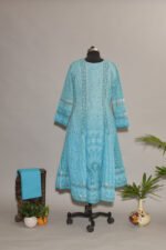 Electric Blue Shaded Cotton Voil Anarkali with Gasspatti Phunda & Golden Shimmer Border - Image 5
