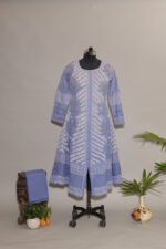 Powdered Blue Cotton Voil Jacket Anarkali with Dark Blue Gasspatti Cutwork