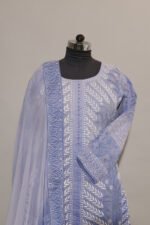 Powdered Blue Cotton Voil Jacket Anarkali with Dark Blue Gasspatti Cutwork - Image 5