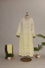 Lemon to Parrot Green Shaded Cotton Voil Anarkali with Gasspatti Phunda Cutwork