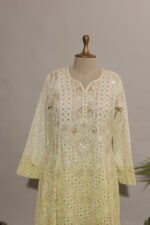 Lemon to Parrot Green Shaded Cotton Voil Anarkali with Gasspatti Phunda Cutwork - Image 2