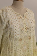 Lemon to Parrot Green Shaded Cotton Voil Anarkali with Gasspatti Phunda Cutwork - Image 3