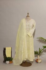 Lemon to Parrot Green Shaded Cotton Voil Anarkali with Gasspatti Phunda Cutwork - Image 4
