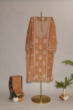 Dark Beige Pure Mul Cotton Semi-Stitched Suit with Lace Detailing - Image 3
