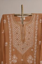 Dark Beige Pure Mul Cotton Semi-Stitched Suit with Lace Detailing - Image 6