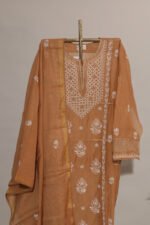 Dark Beige Pure Mul Cotton Semi-Stitched Suit with Lace Detailing - Image 7