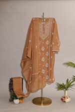 Dark Beige Pure Mul Cotton Semi-Stitched Suit with Lace Detailing
