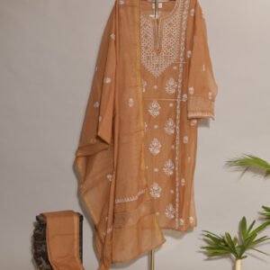 Dark Beige Pure Mul Cotton Semi-Stitched Suit with Lace Detailing