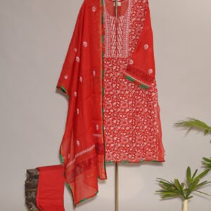 Chilli Red Pure Mul Cotton Semi-Stitched Suit with Maheshwari Border