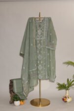 Poisonous Green Pure Mul Cotton Semi-Stitched Suit with Shimmer & Lace