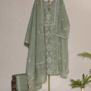Poisonous Green Pure Mul Cotton Semi-Stitched Suit with Shimmer & Lace