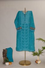 Cobalt Blue Pure Mul Cotton Semi-Stitched Suit with Heavy Hand Embroidery - Image 3