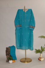 Cobalt Blue Pure Mul Cotton Semi-Stitched Suit with Heavy Hand Embroidery - Image 2