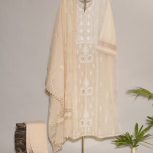 Ombre Cream Pure Mul Cotton Semi-Stitched Suit with Jali & Crotia Lace