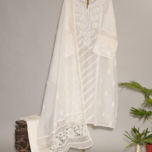 Cream Pure Mul Cotton Semi-Stitched Suit with Gota & Hand Embroidered Cutwork Border
