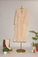 Light Peach Pure Mul Cotton Semi-Stitched Suit with Contrasting Embroidery & Frog Kurta - Image 4