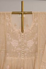 Light Peach Pure Mul Cotton Semi-Stitched Suit with Contrasting Embroidery & Frog Kurta - Image 5