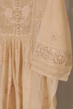 Light Peach Pure Mul Cotton Semi-Stitched Suit with Contrasting Embroidery & Frog Kurta - Image 6