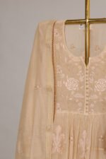 Light Peach Pure Mul Cotton Semi-Stitched Suit with Contrasting Embroidery & Frog Kurta - Image 7