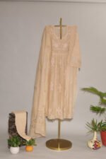 Light Peach Pure Mul Cotton Semi-Stitched Suit with Contrasting Embroidery & Frog Kurta