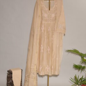 Light Peach Pure Mul Cotton Semi-Stitched Suit with Contrasting Embroidery & Frog Kurta