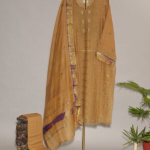 Greenish Mustard Pure Mul Cotton Semi-Stitched Suit with Tissue Border