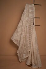Luxury Ivory Silk Organza Zardozi Saree with Hand-Embroidered Gold Sequins & Kasab Work | Bridal & Wedding Saree - Image 4
