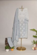 Grey Ombre Pure Mul Cotton Semi-Stitched Suit with Jali & Crotia Lace