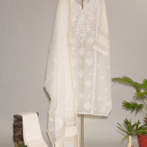 Cream Pure Mul Cotton Semi-Stitched Suit with Gota & Hand Embroidery Lace Border