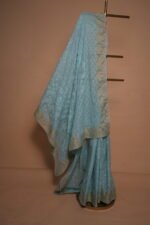 Sea Blue Cotton Kota Saree with Tapchi Embroidery, Beige Tissue Border & Cutwork | Elegant Festive Saree