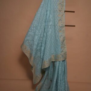 Sea Blue Cotton Kota Saree with Tapchi Embroidery, Beige Tissue Border & Cutwork | Elegant Festive Saree