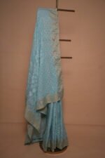 Sea Blue Cotton Kota Saree with Tapchi Embroidery, Beige Tissue Border & Cutwork | Elegant Festive Saree - Image 3