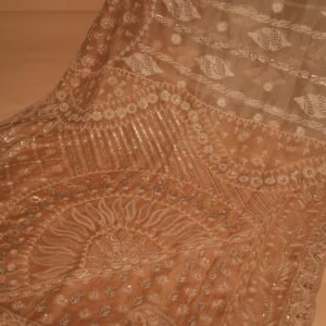 Luxury Beige Silk Organza Saree with All-Over Tapchi & Heavy Zardozi Embroidery | Premium Wedding Saree