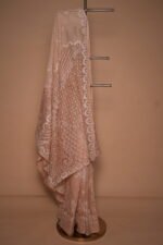 Peach Checked Organza Saree with Tapchi Embroidery, Paisley Butas & Pintext Border | Premium Festive Saree - Image 2