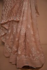 Peach Checked Organza Saree with Tapchi Embroidery, Paisley Butas & Pintext Border | Premium Festive Saree