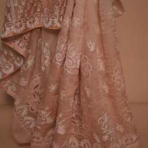 Peach Checked Organza Saree with Tapchi Embroidery, Paisley Butas & Pintext Border | Premium Festive Saree