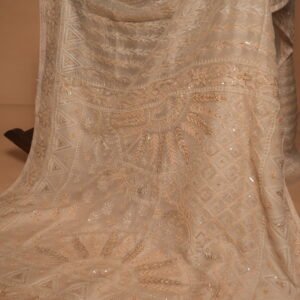 Luxury Beige Silk Organza Saree with All-Over Zardozi, Sequins & Bead Embroidery | Premium Bridal Saree