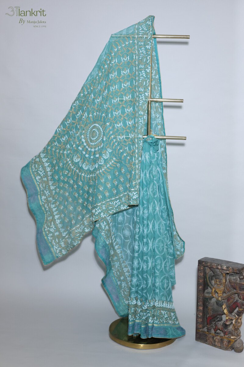118A5180 Dark Green & Blue Kota Doria Cotton Saree with Elegant Border - Image 1
