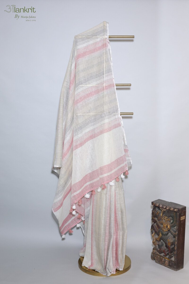 118A5386 Off White Linen Saree with Dusty Blush Pink & Grey Stripes and Silver Border - Image 1