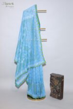 Sky Blue Organza Chikankari Saree with Green & White Threadwork