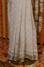 Ivory Banarasi Cutwork Onam Organza Saree - Image 3