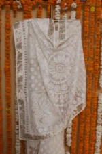 Ivory Banarasi Cutwork Onam Organza Saree - Image 4