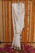 Ivory Java Cutwork Onam Kota Tapechi Saree - Image 5
