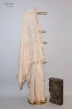 Beige cream Checked Organza Chikankari Saree