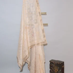 Beige cream Checked Organza Chikankari Saree
